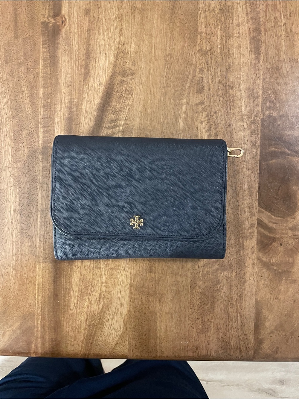 Tory Burch Navy Saffiano Leather Wallet with Gold Logo